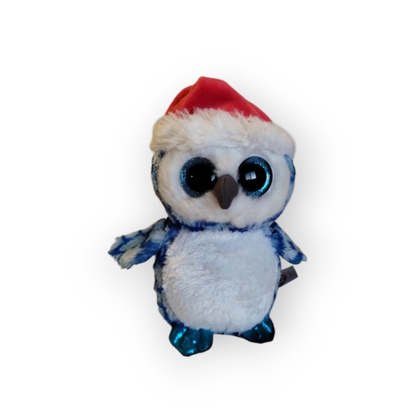 Ty Beanie Boos - ICICLES Blue Holiday Owl Dressed w/ Santa Hat 6" Glittery Eyes - Picture 2 of 2